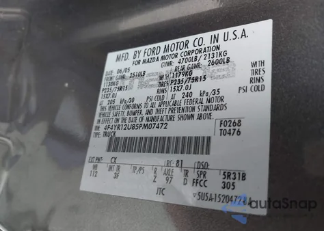 2005 Mazda B3000 Ds from USA, damaged, VIN 4F4YR12U85PM07472